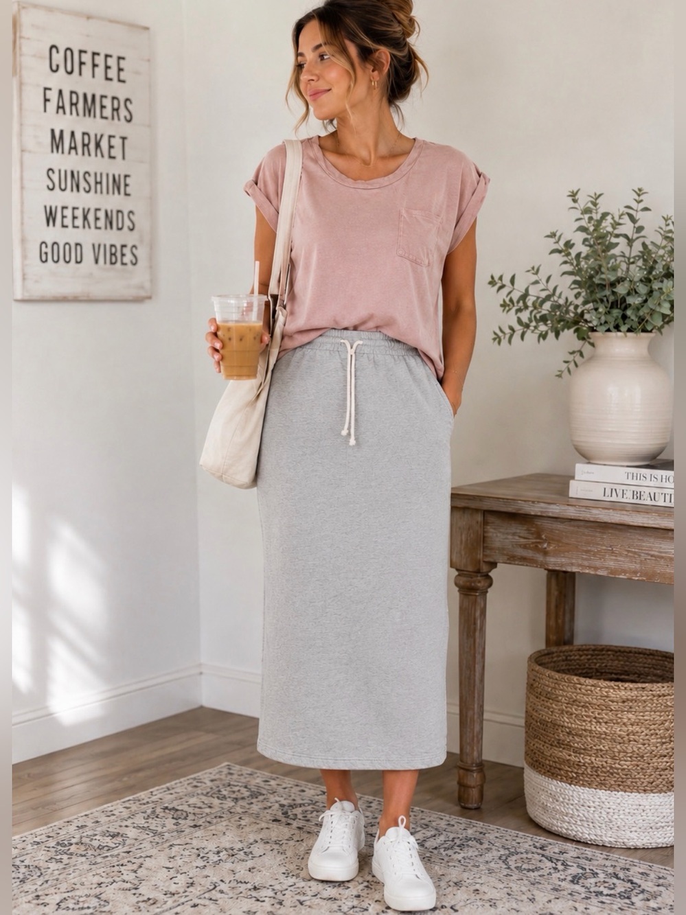 #32-Aerie Casual OUTFIT BUNDLE – Oversized Pocket Tee & Sweatshirt Midi Skirt